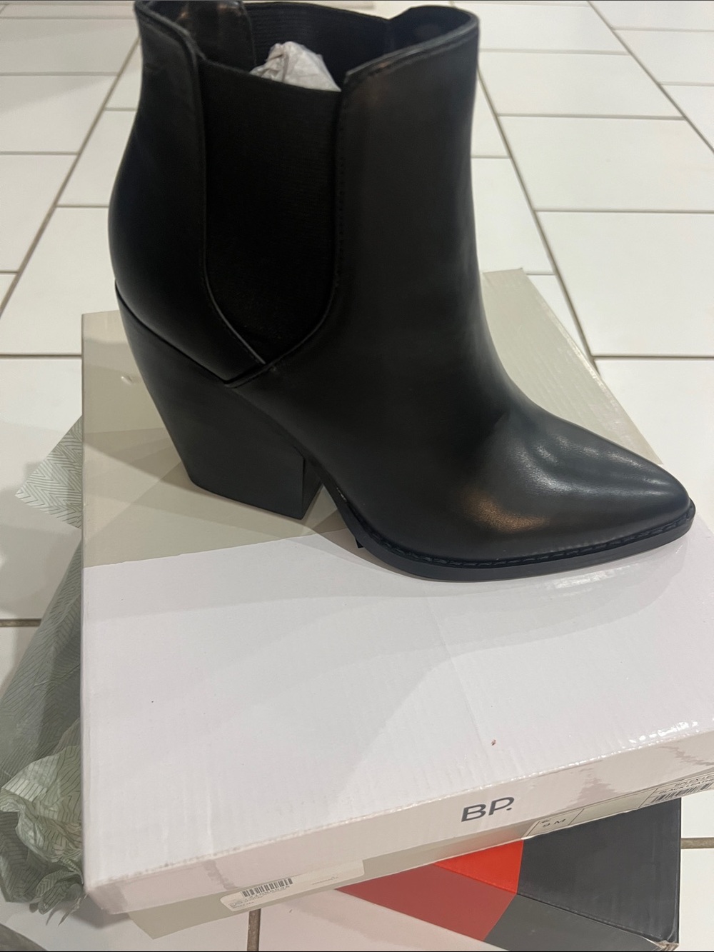 bp Black Pointed Leather Ankle Booties with Block Heel